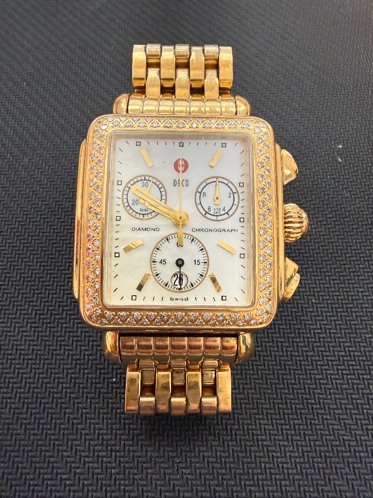 Michele Deco Diamond Chronograph GoldTone Swiss Watch Mother Of Pearl
